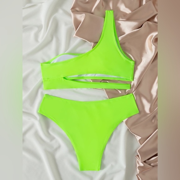 Neon Lime One Shoulder Bikini Swimsuit - Picture 2 of 2